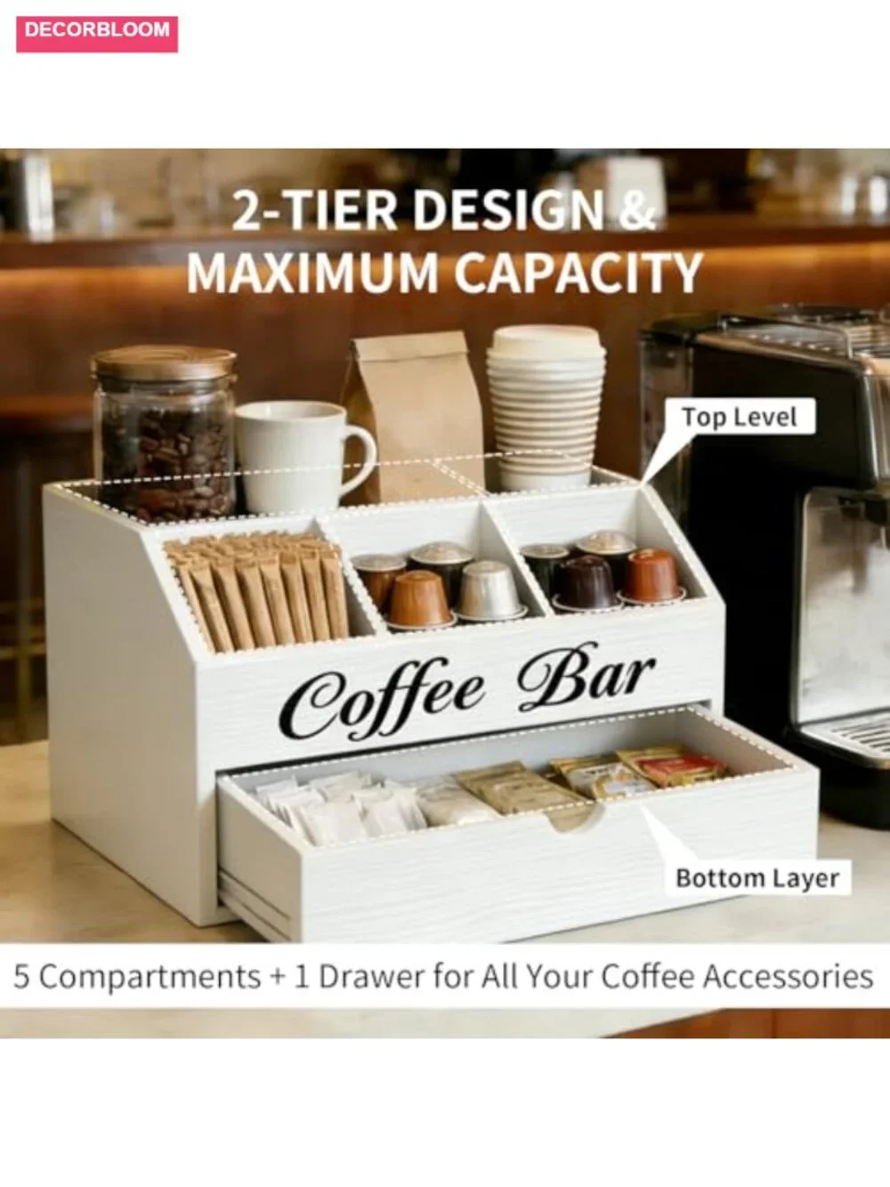 Wood Coffee Bar Organizer with Dust-Proof Drawer, 2-Tier Station
